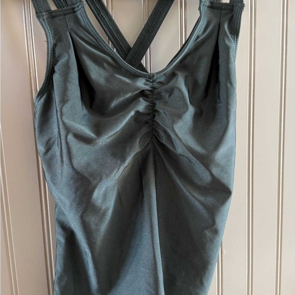 Shabby Apple Olive Green High Sheen Tankini 
with Strappy Back